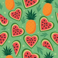 Vector seamless summer pattern with pineapples and watermelon hearts on a mint-green background with tropical leaves. A cute fruity design for textiles, packaging, wrapping paper, and holiday decor.