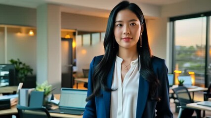 A woman walks confidently through a stylish office, demonstrating professionalism as evening light streams through the windows.
