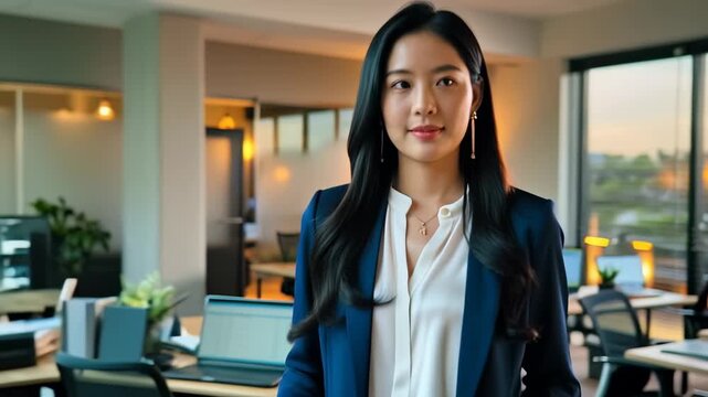 A woman walks confidently through a stylish office, demonstrating professionalism as evening light streams through the windows.
