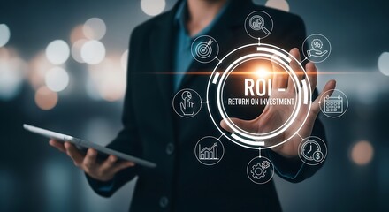 Businessman holding virtual roi return on investment icon for business growth
