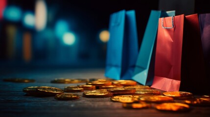Brightly colored shopping bags sit beside scattered golden coins, glowing warmly against a blurred urban backdrop,