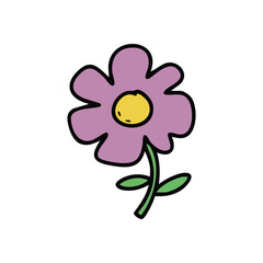Cheerful Hand Drawn Flower. A delightful illustration of a blooming plant with vibrant violet petals and a golden center. This playful sketch evokes joy and simplicity.