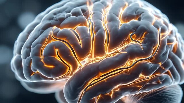 3D rendering of a human brain with glowing neural pathways indicating neural activity.