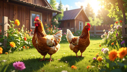 Five chickens walking on a grassy farm path with flowers and a rustic house—evoking rural charm, natural beauty, and peaceful farm life.
