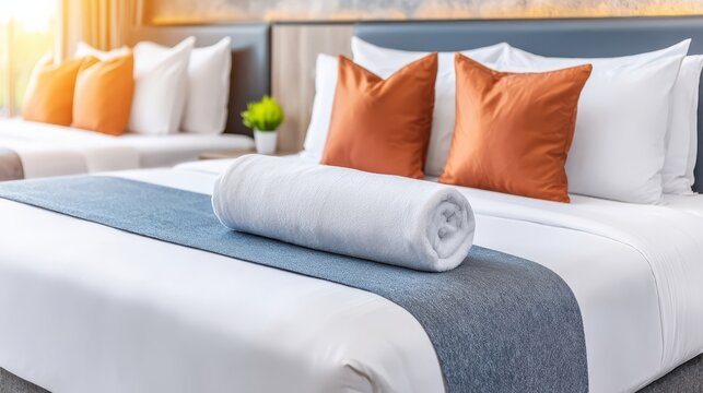 A well arranged hotel room with neatly made twin or queen sized beds, crisp white linens, vibrant orange accent pillows,