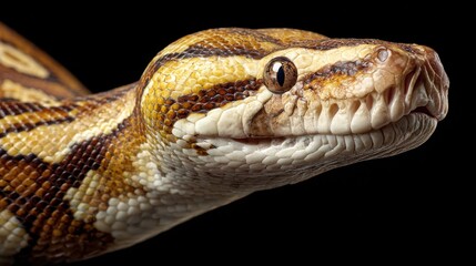 Obraz premium A vibrant python is captured in detail highlighting its striking patterns and textures. The snake gazes directly revealing its captivating eyes. Ideal moment for wildlife enthusiasts.