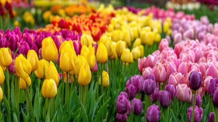 Obraz premium Brightly colored tulips in shades of yellow pink purple and red fill the garden. The vibrant flowers sway gently in the spring breeze showcasing natures beauty and joy.