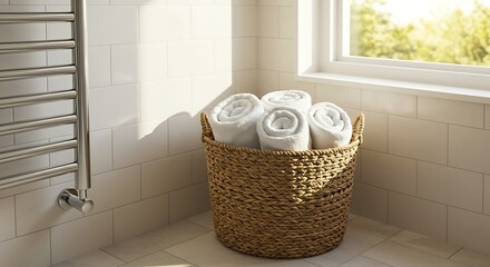 Sunlit Bathroom Sanctuary - Wicker Basket of Fresh Rolled Towels by a Window.