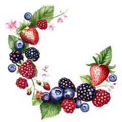 watercolor berry wreath with strawberry raspberry blueberry blackberry leaves isolated png transparent background