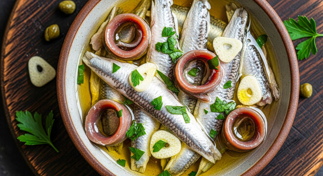A close-up, appetizing shot of marinated anchovies (boquerones) swimming in golden extra virgin olive oil, generously topped with fresh garlic and parsley