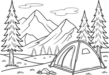 Camping Adventure in the Mountains with a Tent and Evergreen Trees