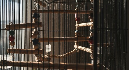 Sunlit Captive Birds - A Study in Contrasting Light and Shadow within a Birdcage.