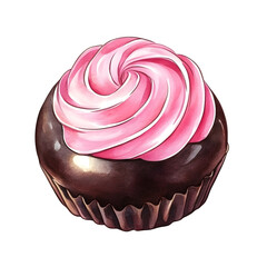 watercolor chocolate cupcake with pink frosting and swirl isolated png transparent background