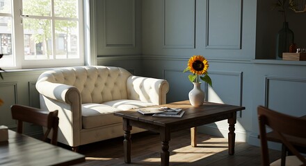 Sunlit Chesterfield Sofa and Sunflower in Cozy Room, Warm Afternoon Light.