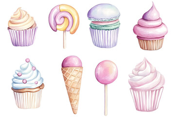 watercolor pastel lollipop ice cream cupcake and candy collection isolated png transparent background