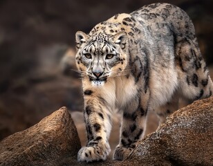 Snow Leopard on the Prowl: A Majestic Predator Navigating the Rocky Terrain with Stealth and Poise.