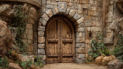 A large wooden door stands at the entrance of a weathered stone castle. The door features iron details and is framed by natural rocks and plants creating a mystical atmosphere.