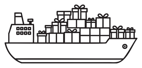 Naklejka premium Cargo ship loaded with gift boxes in outline illustration - stock vector