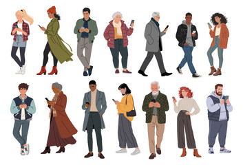 Obraz premium Flat vector illustration of diverse people in autumn clothes standing full length, using smartphones, texting and chatting, isolated on transparent background, modern communication concept