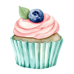 watercolor cupcake with mint wrapper pink frosting and blueberry on top isolated png transparent background