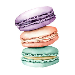 watercolor pastel macaron stack with purple mint and peach cookies isolated png transparent background