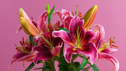 Naklejka premium A stunning arrangement of pink lilies with bright yellow buds sits against a soft pink backdrop. The flowers showcase vibrant colors adding flair to any space.