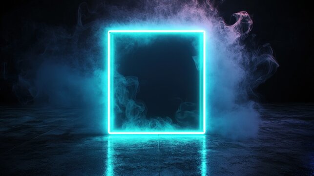A neon blue square glows brightly amidst swirling fog and misty atmosphere, surrounded by darkness and reflective surface