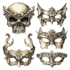 Set of vintage skull masks gothic illustration with horror elements