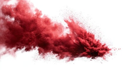 Dynamic explosion of vibrant red powder with dispersing particles against a plain white background,