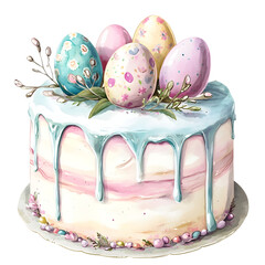 watercolor easter cake with colorful painted eggs cream and flowers isolated png transparent background