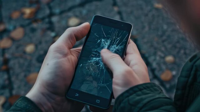 Person holding smartphone with shattered display and illuminated screen against darkness.