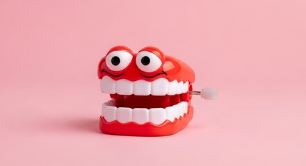 Funny windup chattering teeth toy with googly eyes on a pink background