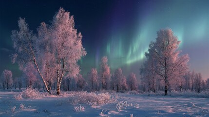 Arctic tundra forest with sparse birch trees covered in frost and northern lights
