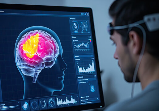 A person monitors complex brain activity data and neural mapping on a computer screen with a diagnostic neuro-headset for scientific study.