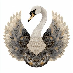 White swan with decorative feather wings isolated illustration