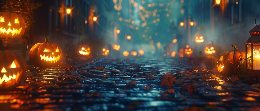 Enchanted Halloween Nightscape: A Cobblestone Path Aglow with Jack-o'-Lanterns