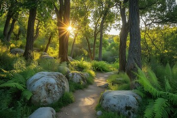 Forest path with rocks and sunlight in summer nature