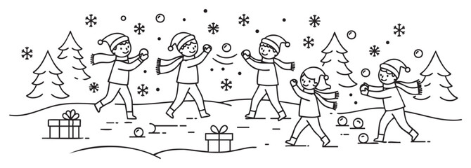 Obraz premium Children playing in snowy park with snowballs and winter clothes - stock vector