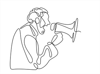 Continuous line man with megaphone. Male silhouette screams in loudspeaker. Businessman hires employee, protests or announces.Editable stroke.Hand drawn. Editable 