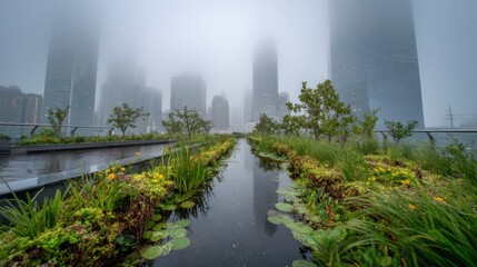 A serene urban garden is visible in the foreground featuring greenery and a calm water reflection. Tall skyscrapers loom in the background shrouded in fog during a quiet morning.