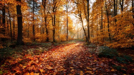 Autumn forest with colorful fall leaves and amber sunlight