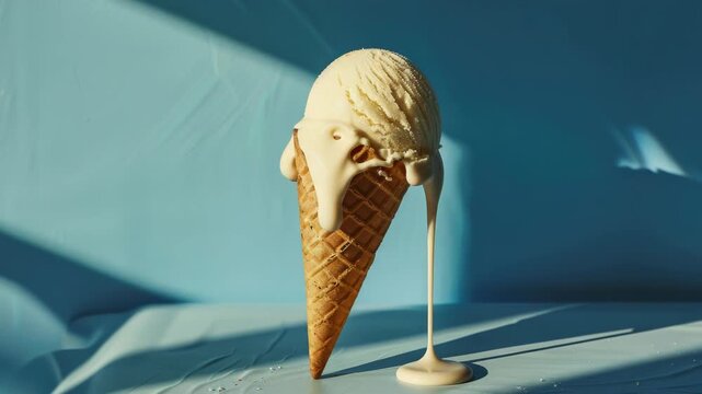 A humorous caricature of a well-known figure atop an ice cream cone with a blue background.