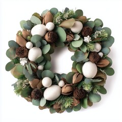 Decorative holiday wreath made of natural pine and ornaments
