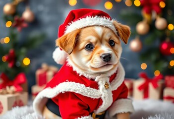 Adorable puppy in Santa suit, festive Christmas background,  happy,  dog costume