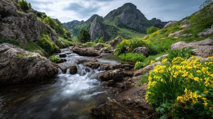 A tranquil scene of a flowing stream surrounded by rocky terrain and colorful yellow flowers under a cloudy sky in the mountains during the day.