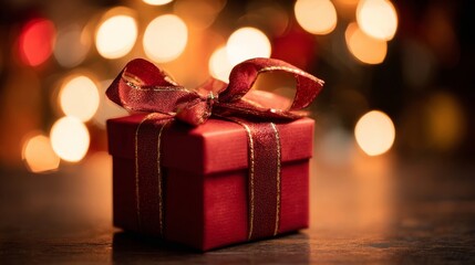 A festive red gift box adorned with a bow glows under warm bokeh lights,