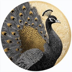 Peacock illustration with golden background and decorative feathers