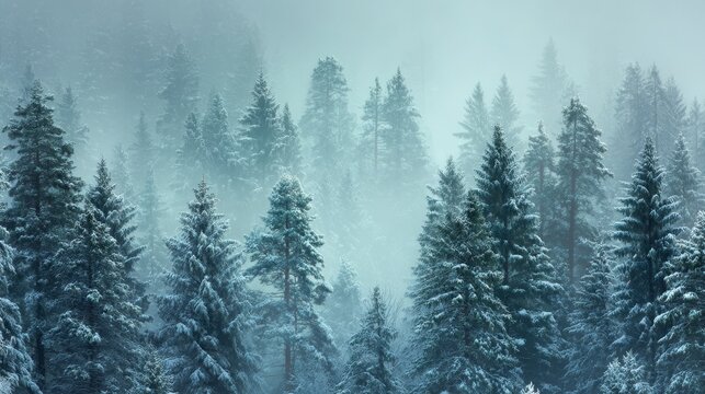 Fototapeta Dense boreal forest with snow-covered pine trees and winter fog