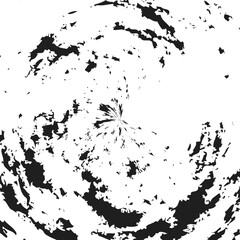 Abstract black and white swirl design with scattered textured shapes forming circular motion pattern. vector