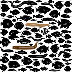 Collection of diverse dark silhouette fish and two realistic eels on a